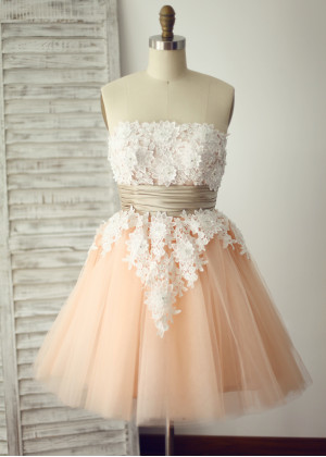 Strapless Ivory Lace Champagne Tulle Knee Length Prom Dress
